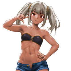 Rule 34 | 1girl, bandeau, bare arms, bare shoulders, black bandeau, blue shorts, collarbone, cutoffs, grey hair, hand on own hip, highres, medium hair, midriff, minamoto80486, navel, nyartris armentalis, open fly, pointy ears, red eyes, shorts, simple background, solo, twintails, white background, wizardry