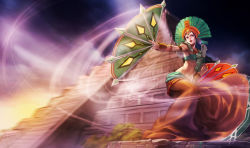 Rule 34 | 1girl, aztec, black hair, dress, earrings, hand fan, jewelry, karma (league of legends), league of legends, mayan, mayan mythology, navel, official art, pyramid (structure), solo, temple, wind