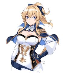 Rule 34 | 1girl, artist name, blonde hair, blue bow, blue capelet, blue eyes, blue gloves, bow, breasts, capelet, cleavage, commentary, cross, cross earrings, detached sleeves, earrings, genshin impact, gloves, hair bow, hand on own hip, highres, jean (genshin impact), jewelry, long hair, looking at viewer, medium breasts, oliver koito, ponytail, sidelocks, signature, simple background, smile, solo, strapless, tube top, upper body, white background