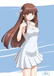 Rule 34 | 1girl, breasts, brown hair, cleavage, collarbone, commentary request, criss-cross halter, dress, hair ribbon, halterneck, highres, hime cut, hiyou (kancolle), kantai collection, lips, long hair, medium breasts, red eyes, ribbon, short dress, solo, sundress, t2r, white dress