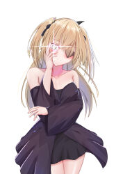 Rule 34 | 1girl, absurdres, alternate costume, baichengfengxiang, bare shoulders, black dress, blonde hair, blush, collarbone, commentary request, cowboy shot, dress, eyepatch, fischl (genshin impact), genshin impact, green eyes, highres, looking at viewer, off-shoulder dress, off shoulder, simple background, smile, solo, standing, thighs, two side up, white background