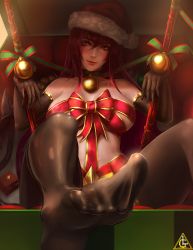 Rule 34 | 1girl, bare shoulders, black gloves, black thighhighs, blush, breasts, christmas, covered navel, elbow gloves, fate/grand order, fate (series), gae bolg (fate), gloves, hat, huge breasts, limgae, long hair, looking at viewer, naked ribbon, purple hair, red eyes, ribbon, santa hat, scathach (fate), smile, solo, thighhighs