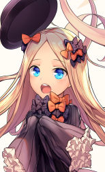 Rule 34 | 1girl, :o, abigail williams (fate), black bow, black dress, black hat, blonde hair, blue eyes, blush, bow, bug, butterfly, dduck kong, dress, fate/grand order, fate (series), forehead, hair bow, hat, insect, long hair, long sleeves, looking at viewer, open mouth, orange bow, parted bangs, polka dot, polka dot bow, signature, sleeves past fingers, sleeves past wrists, solo, teeth, unworn hat, unworn headwear, upper teeth only, very long hair