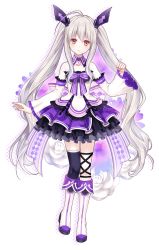 Rule 34 | 1girl, aria (omega quintet), asymmetrical legwear, bare shoulders, black legwear, boots, elbow gloves, flower, fukahire (ruinon), full body, gloves, hair ornament, long hair, midriff, omega quintet, pleated skirt, red eyes, ribbon, silver hair, skirt, solo, standing, transparent background, twintails, uneven legwear, wide sleeves