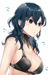 Rule 34 | 1girl, absurdres, armpit crease, bikini, black bikini, black choker, blue eyes, blue hair, blush, breasts, byleth (female) (fire emblem), byleth (female) (summer) (fire emblem), byleth (fire emblem), choker, closed mouth, commentary request, fire emblem, fire emblem: three houses, flower, hair between eyes, haru (nakajou-28), highres, jewelry, long hair, medium breasts, necklace, nintendo, official alternate costume, simple background, solo, swimsuit, upper body, white background