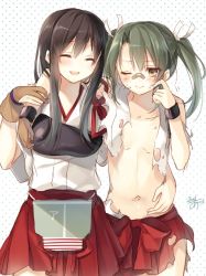 Rule 34 | 10s, 2girls, :d, ;), ^ ^, akagi (kancolle), arm around neck, artist name, bandaid, bandaid on face, bandaid on nose, blush, brown eyes, brown hair, bruise, closed eyes, closed eyes, flat chest, gloves, hair ribbon, hakama, hakama short skirt, hakama skirt, hand on another&#039;s stomach, happy, injury, japanese clothes, jpeg artifacts, kantai collection, multiple girls, muneate, navel, one-hour drawing challenge, one eye closed, open mouth, partially fingerless gloves, partly fingerless gloves, polka dot, polka dot background, ribbon, scratching cheek, side-by-side, signature, skirt, smile, toosaka asagi, torn clothes, torn skirt, twintails, yugake, zuikaku (kancolle)
