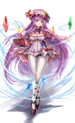 Rule 34 | 1girl, book, bow, breasts, cleavage, crescent, crescent hair ornament, crescent hat ornament, dress, hair ornament, hat, hat ornament, highres, large breasts, long hair, looking at viewer, magic, mob cap, namiki (remiter00), pantyhose, patchouli knowledge, purple eyes, purple hair, short dress, solo, striped clothes, striped dress, thigh gap, touhou, vertical-striped clothes, vertical-striped dress, very long hair, wide hips