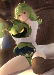 Rule 34 | 1girl, absurdres, blush, bra, brown thighhighs, closed mouth, collared shirt, collei (genshin impact), dress shirt, genshin impact, green bra, green hair, green panties, hair between eyes, highres, indoors, long hair, long sleeves, multi-strapped panties, open clothes, open shirt, panties, red eyes, shirt, single thighhigh, sitting, smile, solo, thighhighs, underwear, vilde loh hocen, wariza, white shirt, wing collar
