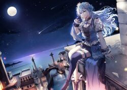 Rule 34 | 1girl, absurdres, blue hair, brooch, canal, crown, dress, gloves, highres, hololive, hoshimachi suisei, jewelry, lamppost, long hair, looking at viewer, moon, night, night sky, potamikouu, shooting star, sitting, skirt, sky, solo focus, star (sky), thighhighs, town, virtual youtuber, water