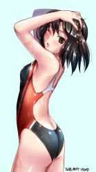 Rule 34 | 1girl, artist name, ass, black hair, black one-piece swimsuit, blue background, breasts, brown eyes, butt crack, competition swimsuit, cowboy shot, dated, from behind, hair ornament, hands on own head, highres, kantai collection, one-piece swimsuit, sendai (kancolle), sendai kai ni (kancolle), short hair, simple background, small breasts, solo, standing, swimsuit, tsuchimiya, two side up, wet, wet clothes, wet hair, wet swimsuit