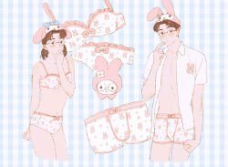 Rule 34 | 1boy, 1girl, animal hat, blue background, boxers, bra, brown eyes, brown hair, character print, chengongzi123, closed mouth, commentary, cosplay, cropped legs, dual persona, gingham background, hand up, hat, highres, kogure kiminobu, looking at viewer, male underwear, my melody, my melody (cosplay), no shirt, panties, rabbit hat, sanrio, short hair, slam dunk (series), standing, symbol-only commentary, underwear, very short hair, white male underwear, white panties