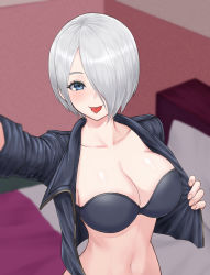 Rule 34 | 1girl, angel (kof), blue eyes, bra, breasts, cleavage, collarbone, fingerless gloves, gloves, hair over one eye, highres, jacket, large breasts, leather, leather jacket, looking at viewer, navel, smile, snk, solo, stomach, strapless, strapless bra, the king of fighters, the king of fighters xiv, toned, tongue, tongue out, underwear, white hair, yukimune