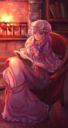 Rule 34 | 1girl, absurdres, blue bow, book, book on lap, bow, crescent, crescent hair ornament, dress, hair bow, hair ornament, hat, highres, indoors, long dress, long hair, luai, monocle, neck ribbon, open book, patchouli knowledge, pink hair, red eyes, red ribbon, ribbon, sitting, solo, touhou, white dress, white hat