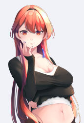 Rule 34 | 1girl, absurdres, alternate costume, arm under breasts, black shirt, blue nails, breasts, cleavage, highres, kantai collection, large breasts, long hair, looking at viewer, midriff, nail polish, navel, neko no hige, nevada (kancolle), red eyes, red hair, shirt, simple background, solo, standing, upper body, white background