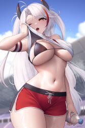 Rule 34 | 1girl, absurdres, ahoge, azur lane, bikini, black bikini, bottle, breasts, clothes lift, cloud, headgear, highres, holding, holding bottle, large breasts, lifting own clothes, long hair, mole, mole on breast, multicolored hair, navel, one eye closed, open mouth, orange eyes, prinz eugen (azur lane), red hair, red shorts, shirt, shirt lift, shorts, signature, sky, solo, streaked hair, sweat, swimsuit, water bottle, white hair, white shirt, whitter, wiping sweat
