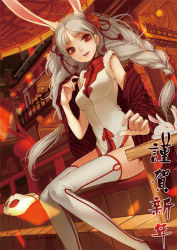 Rule 34 | 1girl, animal ears, architecture, braid, chinese clothes, east asian architecture, fingernails, flower, fur trim, hair flower, hair ornament, lantern, light smile, lips, long hair, new year, original, rabbit ears, red eyes, silverwing, sitting, solo, tassel, thighhighs, twin braids, twintails, very long hair, white hair, white thighhighs