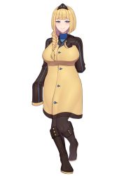 Rule 34 | 1girl, absurdres, band-width, black footwear, black pantyhose, blonde hair, blue sweater, boots, braid, braided ponytail, coat, commission, hair ornament, highres, knee boots, overcoat, pantyhose, ribbed sweater, sleeves past wrists, smile, solo, sweater, white background, yellow coat