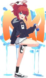 Rule 34 | 1girl, :d, absurdres, ahoge, black socks, blue archive, blush, can, double bun, full body, graffiti, hair bun, halo, highres, holding, holding can, hood, hood down, hooded jacket, id card, jacket, knee up, long sleeves, looking at viewer, maki (blue archive), mureniii, open mouth, pleated skirt, red hair, shoes, short hair, skirt, smile, sneakers, socks, solo, spray paint, white background, white footwear, white skirt