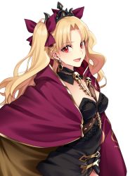 Rule 34 | 1girl, between breasts, black leotard, blonde hair, blush, bow, breasts, cape, chimachi, cleavage, detached collar, earrings, ereshkigal (fate), fate/grand order, fate (series), gold trim, hair bow, highres, hoop earrings, infinity symbol, jewelry, leotard, long hair, looking at viewer, medium breasts, multicolored cape, multicolored clothes, necklace, open mouth, parted bangs, red bow, red cape, red eyes, simple background, skull, smile, solo, spine, tiara, two-sided cape, two-sided fabric, two side up, white background, yellow cape