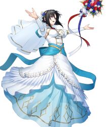 Rule 34 | 1girl, attack, black hair, blue dress, bouquet, breasts, bridal veil, bride, cleavage, dress, fire emblem, fire emblem engage, fire emblem heroes, flower, freestyle18, full body, hair between eyes, hair ornament, highres, jewelry, large breasts, long sleeves, looking at viewer, medium breasts, nel (fire emblem), nel (stoic bride) (fire emblem), nintendo, non-web source, official alternate costume, red eyes, short hair, solo, strapless, strapless dress, tossing, two-tone dress, veil, wedding dress, white dress