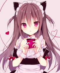 Rule 34 | 1girl, :o, animal ears, apron, bare shoulders, black bow, black dress, black sleeves, blush, bow, box, brown background, brown hair, cat ears, collar, collarbone, commentary request, detached collar, detached sleeves, dress, fang, frilled apron, frills, gift, gift box, hair between eyes, hands up, heart, heart of string, highres, holding, holding gift, izuminanase, long hair, looking at viewer, maid, maid headdress, original, parted lips, puffy short sleeves, puffy sleeves, red bow, red eyes, short sleeves, simple background, sleeveless, sleeveless dress, solo, two side up, valentine, very long hair, waist apron, white apron, white collar, wing collar