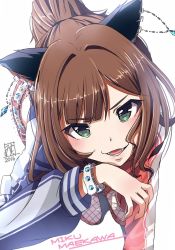 Rule 34 | 10s, 1girl, :3, all fours, animal ears, belt, brown hair, cat ears, character name, claw pose, earrings, fang, fangs, fingernails, fishnet pantyhose, fishnets, green eyes, idolmaster, idolmaster cinderella girls, jewelry, leaning forward, long fingernails, looking at viewer, maekawa miku, mistrail, nail polish, pantyhose, ponytail, signature, simple background, solo, torn clothes, torn pantyhose, wristband