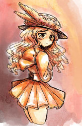 Rule 34 | 1980s (style), 1girl, abstract background, adapted costume, bad id, cropped legs, dolls in pseudo paradise, frilled hat, frills, hat, hat feather, highres, jacket girl (dipp), long hair, long sleeves, looking at viewer, miniskirt, oldschool, pleated skirt, retro artstyle, sailor collar, sepia, sepia background, skirt, takemoto izumi (style), touhou, wavy hair, yatyou
