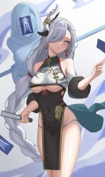 Rule 34 | 1girl, absurdres, bare shoulders, blue eyes, blush, braid, breasts, closed mouth, covered navel, genshin impact, grey hair, hair ornament, hair over one eye, hand up, highres, holding, large breasts, long hair, looking at viewer, low-braided long hair, low-tied long hair, one eye covered, panties, pelvic curtain, shenhe (genshin impact), solo, thighs, toki88909, underboob, underwear, white panties
