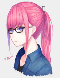 Rule 34 | alternate costume, bad id, bad pixiv id, blue eyes, character name, closed mouth, collared jacket, cropped torso, denim, denim jacket, girls&#039; frontline, glasses, hair between eyes, hair ornament, highres, hirein, jacket, long hair, looking at viewer, multicolored hair, one side up, parted lips, pink hair, ponytail, shirt, sidelocks, solo, st ar-15 (girls&#039; frontline), streaked hair