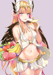 Rule 34 | 1girl, :p, apple, armlet, banana, bangle, bare shoulders, black wings, blonde hair, blunt bangs, bowl, bracelet, breasts, circe (fate), circlet, cleavage, closed mouth, cowboy shot, fate/grand order, fate (series), feather hair, feathered wings, food, fruit, grapes, groin, highres, holding, holding food, holding fruit, jewelry, konka, long hair, looking at viewer, multicolored hair, nail polish, navel, necklace, orange nails, peach, pet bowl, pink hair, pointy ears, purple background, revealing clothes, sexually suggestive, simple background, skirt, sleeveless, small breasts, smile, solo, standing, stomach, tongue, tongue out, two-tone hair, very long hair, water drop, white skirt, wings