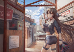 Rule 34 | 10s, 1girl, barbed wire, black hair, blue sky, bomber jacket, bra strap, breasts, brown eyes, building, casual, chain-link fence, cleavage, cloud, coca-cola, contemporary, cowboy shot, crop top, cropped jacket, day, energy drink, english text, engrish text, fence, gloves, headgear, unworn headwear, helmet, unworn helmet, hibiki (kancolle), highres, jacket, kantai collection, charm (object), long hair, looking at viewer, looking to the side, maomaozi, marlboro, medium breasts, microskirt, midriff, monster energy, motorcycle helmet, nagato (kancolle), nail polish, outdoors, parted lips, ranguage, sign, skirt, sky, solo, standing, strap gap, twisted torso, verniy (kancolle)