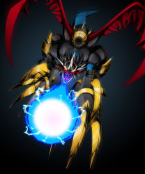 Rule 34 | armor, attack, bandai, cannon, claws, creature, digimon, digimon (creature), digimon jintrix, dragon, electricity, energy, energy ball, fangs, full armor, full body, glowing, glowing eyes, glowing hand, highres, imperialdramon, imperialdramon dragon mode, looking at viewer, monster, no humans, official art, open mouth, red eyes, sharp teeth, solo, tail, teeth, wings
