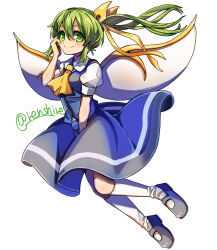 Rule 34 | 1girl, ascot, blue footwear, blue skirt, blue vest, closed mouth, commentary, daiyousei, fairy wings, full body, green eyes, green hair, highres, long hair, one-hour drawing challenge, renshirenji, shirt, short sleeves, side ponytail, simple background, skirt, smile, socks, solo, touhou, twitter username, vest, white background, white shirt, white socks, wings, yellow ascot