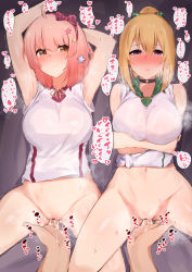 Rule 34 | 1boy, 2girls, ahoge, alternate costume, armpits, blonde hair, blush, bottomless, breasts, censored, chieru (princess connect!), chieru (school festival) (princess connect!), chloe (princess connect!), chloe (school festival) (princess connect!), choker, crossed arms, fingering, gym uniform, hair ornament, hairband, highres, in heat, large breasts, long hair, looking at viewer, lying, multiple girls, narusan beam2, navel, official alternate costume, on back, pink hair, ponytail, pov, princess connect!, purple eyes, pussy, pussy juice, school uniform, short hair, steam, steaming body, yellow eyes