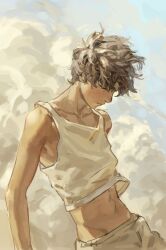 Rule 34 | 1boy, absurdres, brown hair, chinese commentary, closed eyes, collarbone, commentary request, head down, highres, hip bones, male focus, midriff, original, profile, skinny, solipsist, solo, tank top, underwear, white tank top