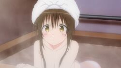 Rule 34 | 1girl, animated, ass, bath, bathing, blush, breasts, brown hair, cleavage, completely nude, long hair, nude, partially submerged, small breasts, steam, to love-ru, to love-ru darkness 2nd, towel, towel on head, water, wet, yellow eyes, yuuki mikan