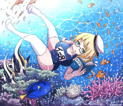 Rule 34 | 1girl, ahoge, angelfish, animal request, aoba (akibajun), blonde hair, book, breasts, clownfish, fish, freediving, full body, glasses, green eyes, hat, highres, i-8 (kancolle), kantai collection, large breasts, long hair, low twintails, moorish idol, name tag, peaked cap, red-framed eyewear, sailor hat, school swimsuit, semi-rimless eyewear, surgeonfish, swimsuit, thighhighs, translation request, tropical fish, twintails, under-rim eyewear, underwater, white thighhighs
