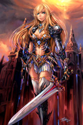 Rule 34 | 1girl, armor, blonde hair, blue eyes, bracer, breasts, center opening, elf, elf (lineage 2), lilaccu, lineage, lineage 2, long hair, pointy ears, skirt, smile, solo, thighhighs