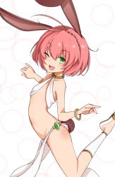 Rule 34 | 10s, 1girl, ahoge, animal ears, arched back, arms up, bikini, bikini top only, bracelet, braid, cherry boy takashi, child, choker, flat chest, from side, green eyes, highres, isekai maou to shoukan shoujo no dorei majutsu, jewelry, leg up, leg warmers, loincloth, looking at viewer, navel, one eye closed, open mouth, panties, pink hair, rabbit ears, rabbit tail, revealing clothes, shoes, short hair, simple background, smile, solo, standing, swimsuit, sylvie (isekai maou), tail, underwear, white background, white panties, wink