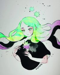 Rule 34 | 1girl, commentary, expressions, floating, floating object, green eyes, green hair, highres, long hair, maruti bitamin, original, painting (medium), purple hair, short sleeves, solo, traditional media, upper body, watercolor (medium), white background