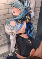 Rule 34 | 1boy, 1girl, against wall, ass, ass focus, bare back, bare shoulders, blue hair, blush, breasts, cape, clothed sex, clothing cutout, eula (genshin impact), genshin impact, hair between eyes, hair ornament, hairband, highres, huge ass, jewelry, large breasts, long hair, muunai, open mouth, road, sex, sex from behind, street, thick thighs, thighhighs, thighs, vaginal, yellow eyes