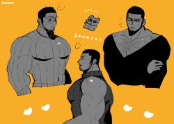Rule 34 | 1boy, alternate pectoral size, bara, bare shoulders, black eyes, black hair, blush, buzz cut, chest hair, collage, cropped torso, facial hair, golden kamuy, hairy, ka ji, large pectorals, long sideburns, looking away, looking to the side, pectoral cleavage, male focus, mature male, multiple monochrome, multiple views, muscular, muscular male, pectorals, shirt, short hair, sideburns, sleeveless, sleeveless shirt, stubble, sweatdrop, sweater, tanigaki genjirou, thick eyebrows, very short hair