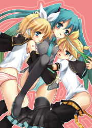 Rule 34 | 1boy, 2girls, :p, bad id, bad pixiv id, blonde hair, blue eyes, blue hair, blue panties, blush, breast press, breasts, brother and sister, green panties, hatsune miku, kagamine len, kagamine rin, kumao mofumofu, long hair, multiple girls, necktie, panties, pantyshot, pink panties, polka dot, polka dot panties, short hair, siblings, striped clothes, striped panties, thighhighs, tongue, tongue out, twins, twintails, underwear, vocaloid