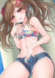 Rule 34 | 1girl, absurdres, arashio (kancolle), bandeau, bare arms, bikini, bow, bracelet, brown eyes, brown hair, collarbone, commentary request, cosplay, denim, denim shorts, flat chest, flower, grecale (kancolle), grecale (kancolle) (cosplay), hair bow, hair flower, hair ornament, highres, inflatable raft, jewelry, kantai collection, long hair, looking at viewer, lying, makura (y makura), multicolored bikini, multicolored clothes, navel, necklace, on back, open mouth, short shorts, shorts, sidelocks, smile, solo, swimsuit, thighs, open fly, unzipped