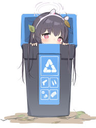 Rule 34 | 1girl, animal ears, arrow (symbol), black hair, blue archive, blush, fake animal ears, halo, highres, in container, leaf, leaf on head, long hair, looking at viewer, matanukinuki, miyu (blue archive), peeking out, rabbit ears, recycle bin, recycling symbol, red eyes, simple background, solo, trash can, white background