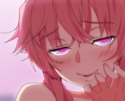 Rule 34 | 1girl, bare shoulders, blush, gasai yuno, hand on own cheek, hand on own face, hand to own mouth, kaisen chuui, mirai nikki, pink eyes, pink hair, portrait, rape face, smile, solo, yandere trance, you gonna get raped