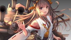 Rule 34 | 1girl, ahoge, bare shoulders, breasts, brown eyes, brown hair, brown skirt, cosplay, detached sleeves, double bun, fingernails, gradient background, hair bun, hairband, hand up, haruna (kancolle), headgear, highres, japanese clothes, kantai collection, kongou (kancolle), kongou (kancolle) (cosplay), long fingernails, long hair, looking at viewer, machinery, musyne xsk, nontraditional miko, open mouth, original, ribbon-trimmed sleeves, ribbon trim, skirt, smile, solo, turret, wide sleeves