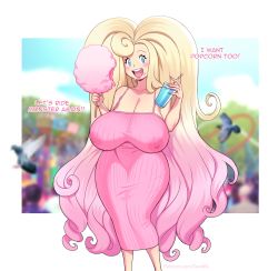 Rule 34 | 1girl, absurdres, blonde hair, blue eyes, breasts, glitter and gold, gradient hair, highres, huge breasts, long hair, looking at viewer, multicolored hair, open mouth, pink hair, sagging breasts, see-through, smile, solo, standing, tagme, very long hair