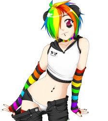 Rule 34 | 1boy, androgynous, animal ears, bare shoulders, choker, crop top, crossdressing, deviantart thumbnail, elbow gloves, fictional persona, fingerless gloves, gloves, hair over one eye, hood, hoodie, hoodie vest, lip piercing, looking at viewer, male focus, md5 mismatch, midriff, multicolored hair, nail polish, navel, navel piercing, niji-panda, niji (niji-panda), original, panda, panties, photoshop, piercing, rainbow hair, resized, short hair, simple background, solo, transparent background, trap, underwear, vest