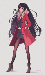 Rule 34 | 1girl, ankle boots, bartender, black hair, black ribbon, black skirt, black vest, blouse, boots, breasts, brown footwear, brown pantyhose, buttons, coat, full body, fur collar, grey background, hair ribbon, hands in pockets, high heel boots, high heels, highres, jill stingray, looking at viewer, medium breasts, messy hair, miniskirt, necktie, pantyhose, pink necktie, puk (higanbana doujin), purple eyes, red coat, ribbon, shirt, skirt, solo, standing, thighband pantyhose, twintails, va-11 hall-a, vest, white shirt, zipper footwear